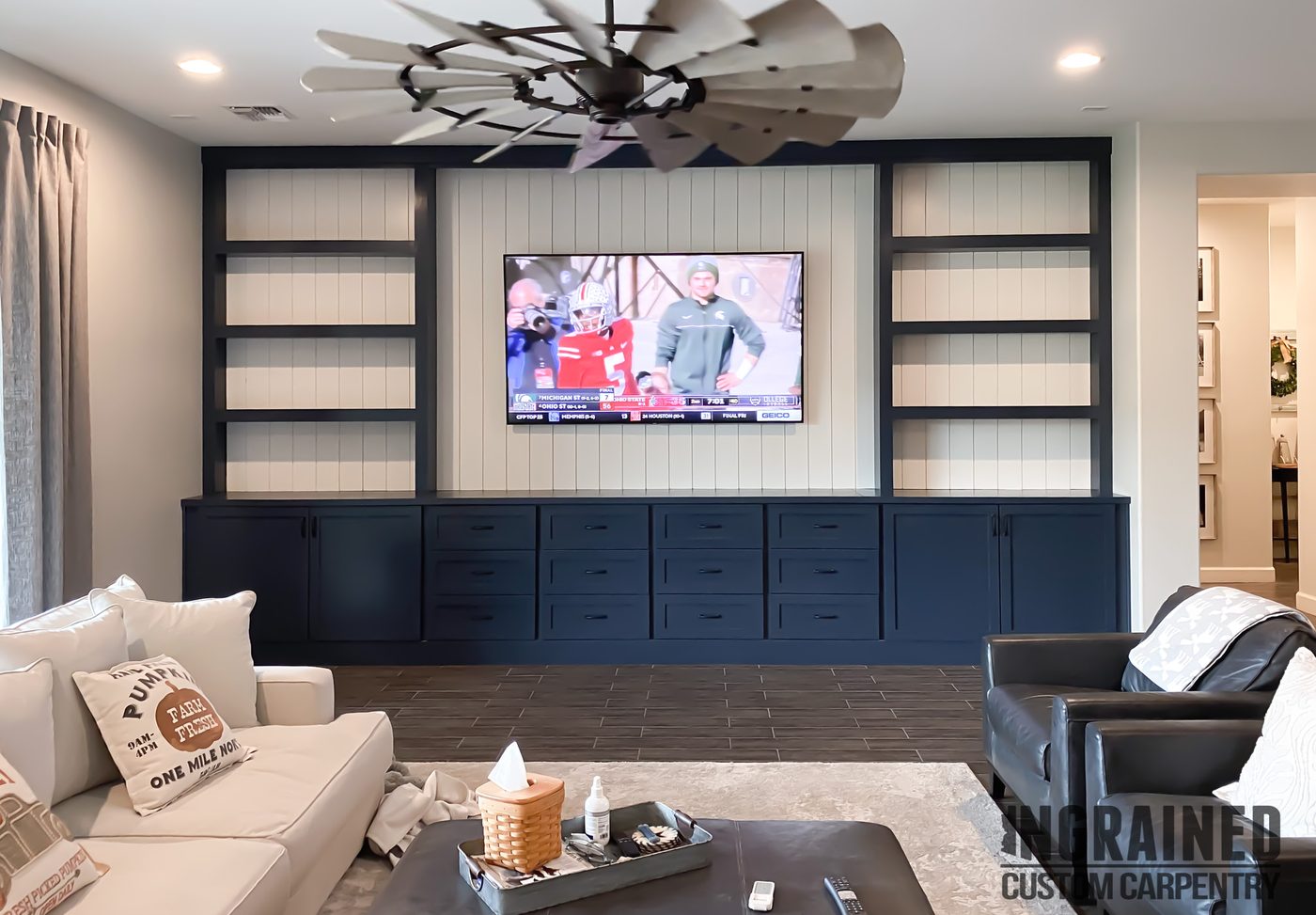 Media Wall — Navy built-ins · shiplap back