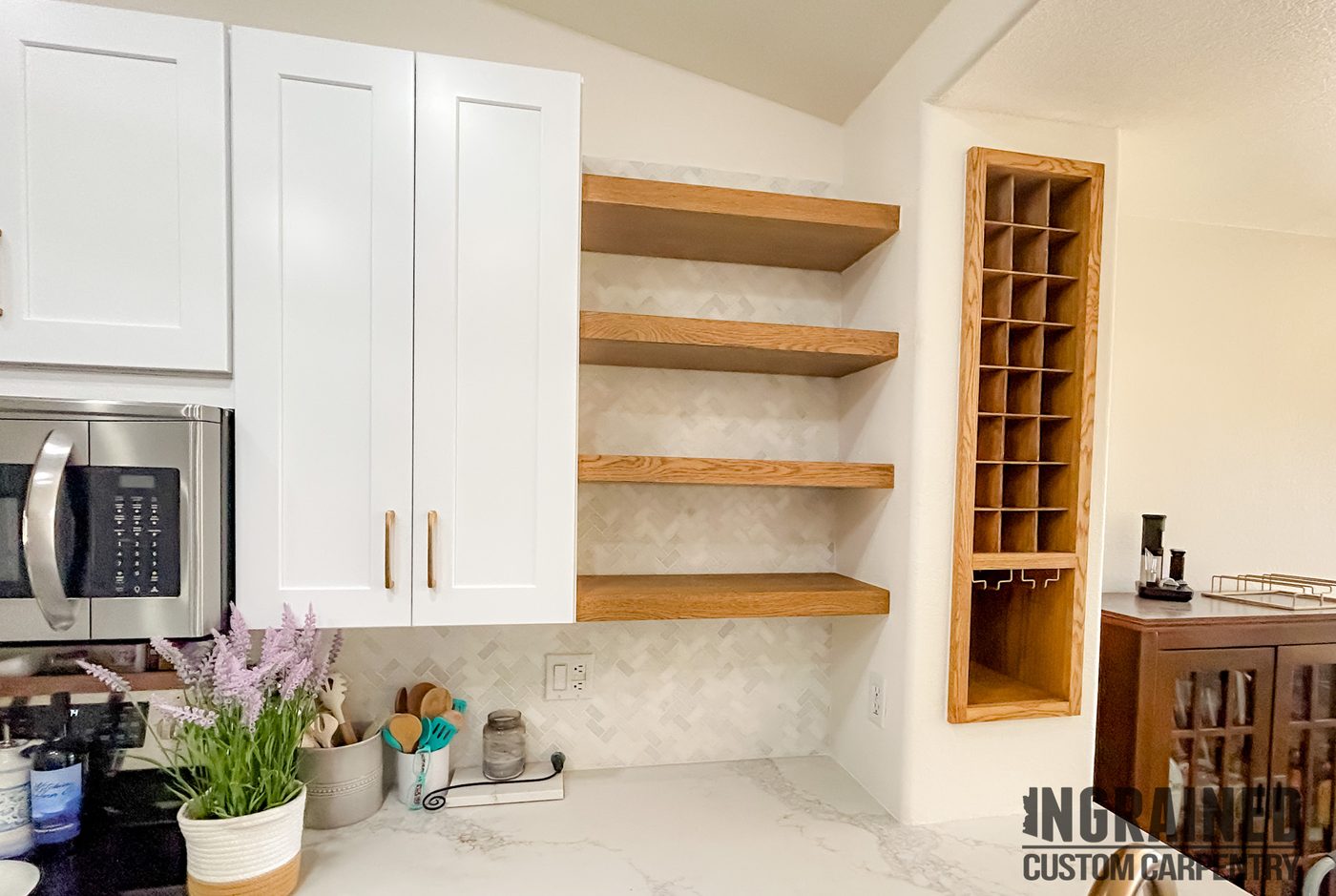 Floating Shelves — Oak open shelving · wine cubby