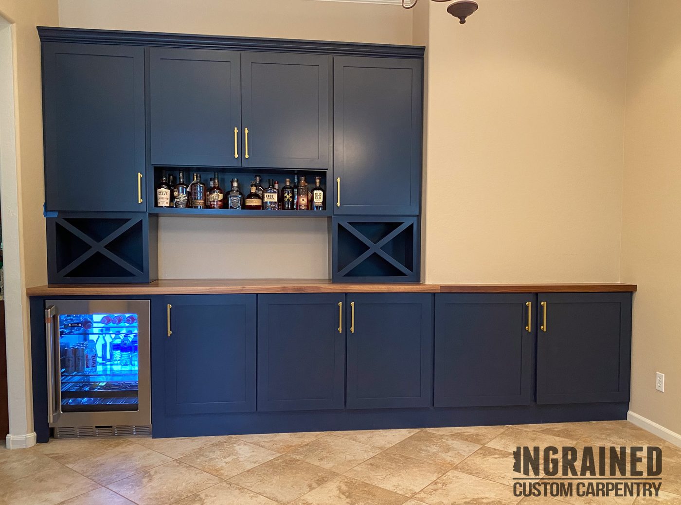 Home Bar — Navy cabinetry · walnut top · wine storage