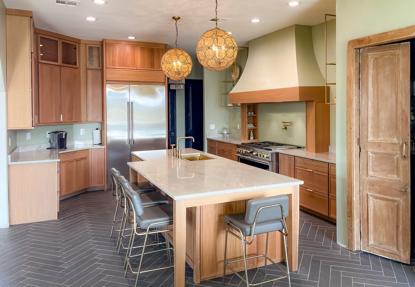 Custom Kitchen — Cherry cabinetry · marble waterfall island