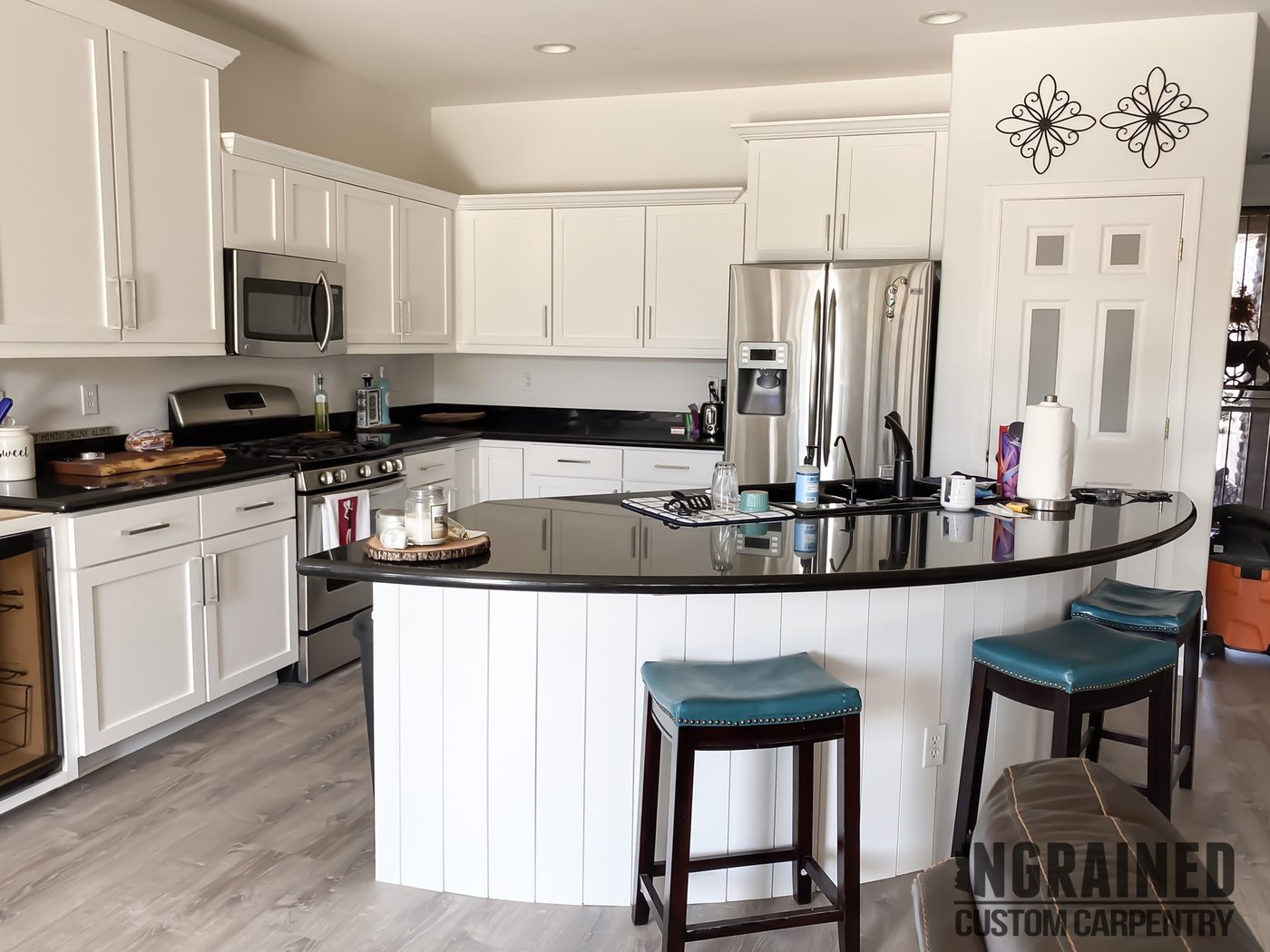 Custom Kitchen — White cabinetry · curved island