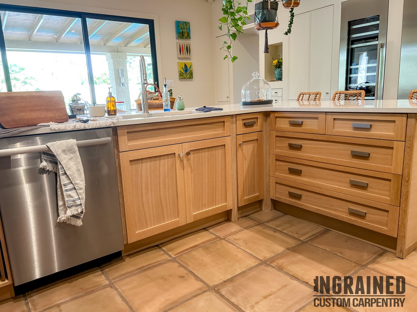 Custom Kitchen — White oak cabinetry · Saltillo tile