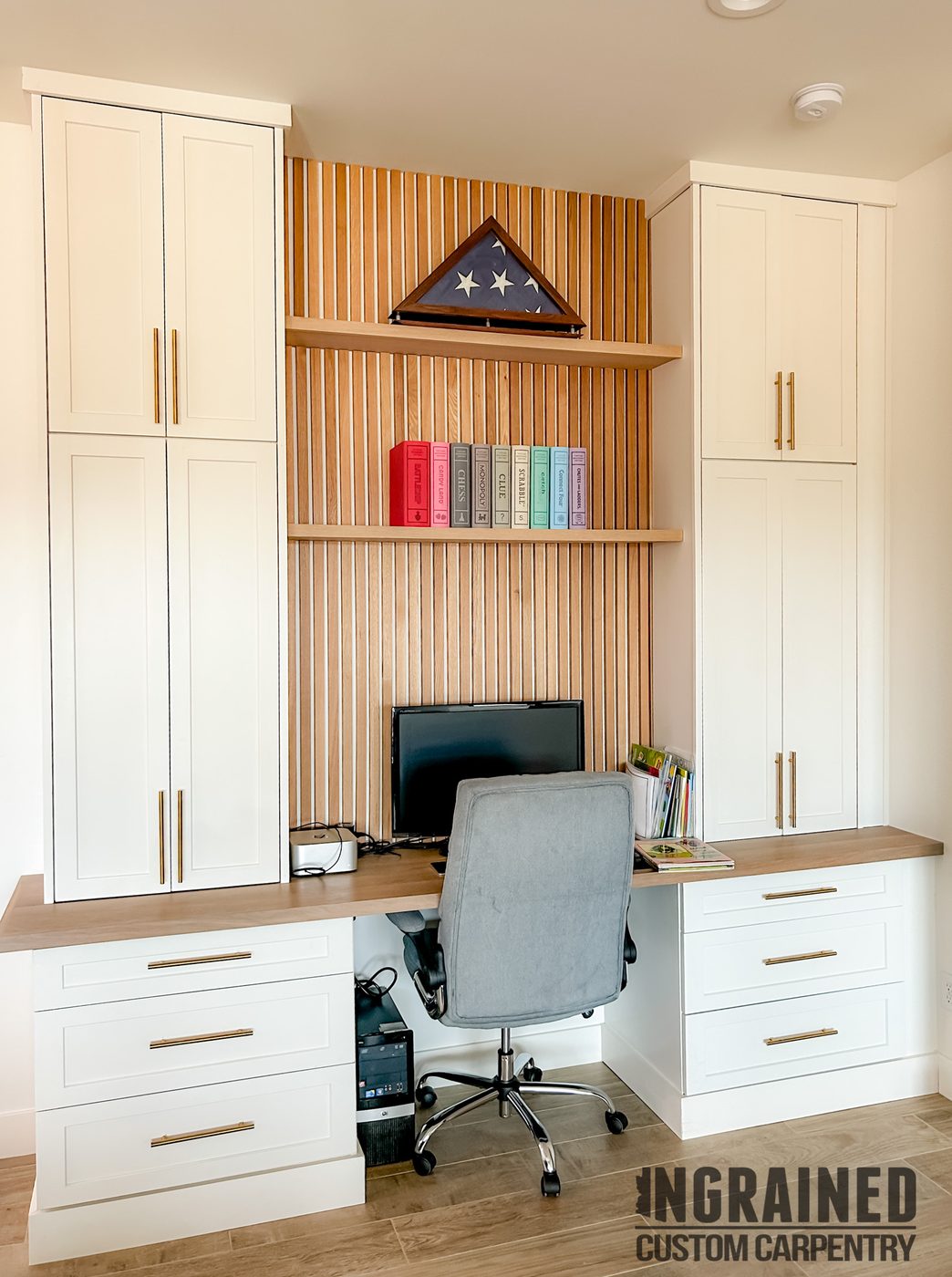Office Nook — Oak slat wall · built-in desk